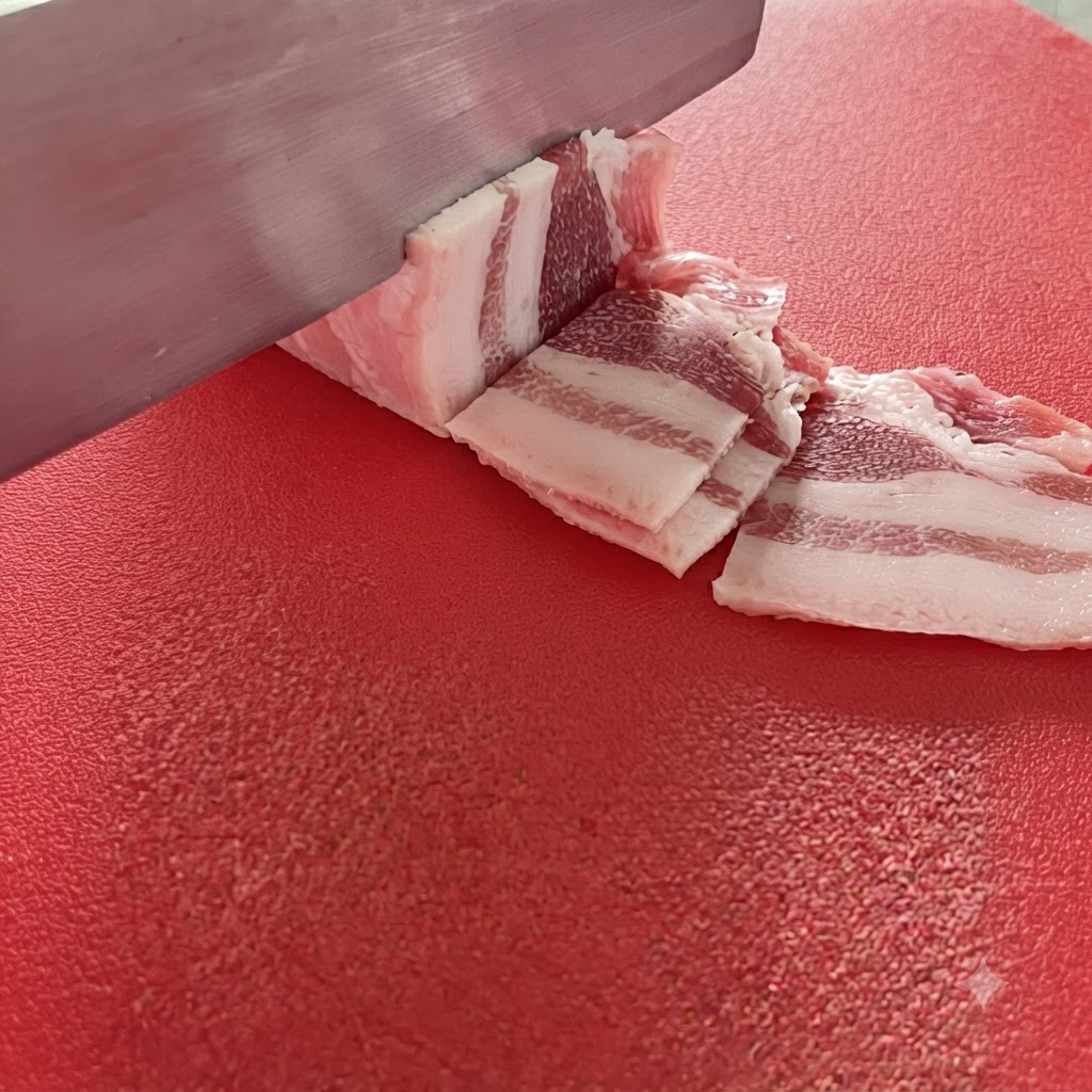 赤いまな板の上で、幅約1.5センチの均一な帯状に切り分けられた豚バラ肉。
