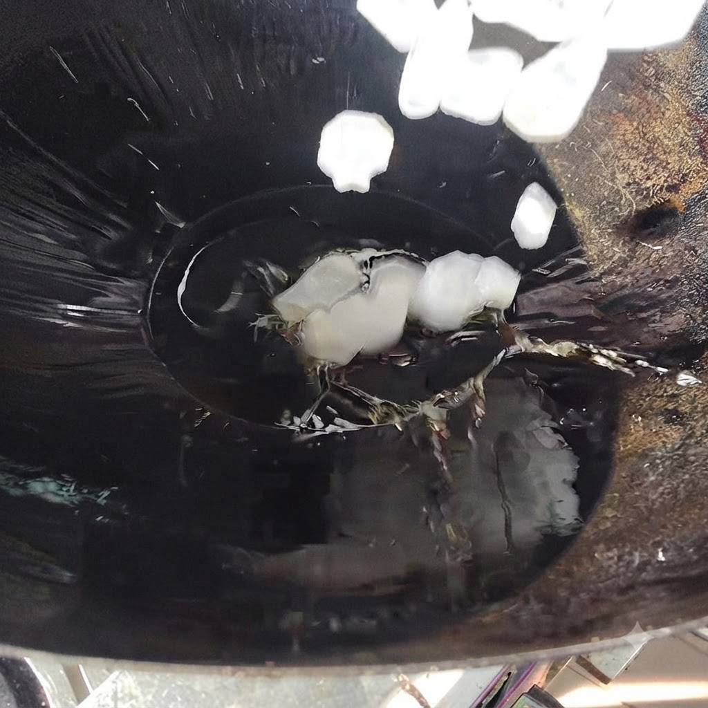 中華鍋の中の熱した油の中で、金属製のおたまですくいながら溶けていく氷砂糖の断片。