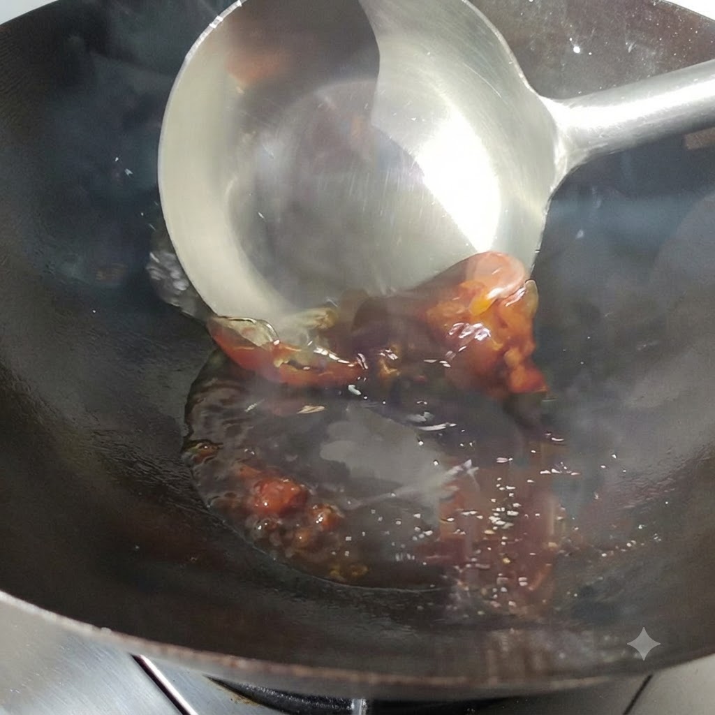 中華鍋の中の熱した油の中で、金属製のおたまですくいながらジュージューと炒められている豆板醤。