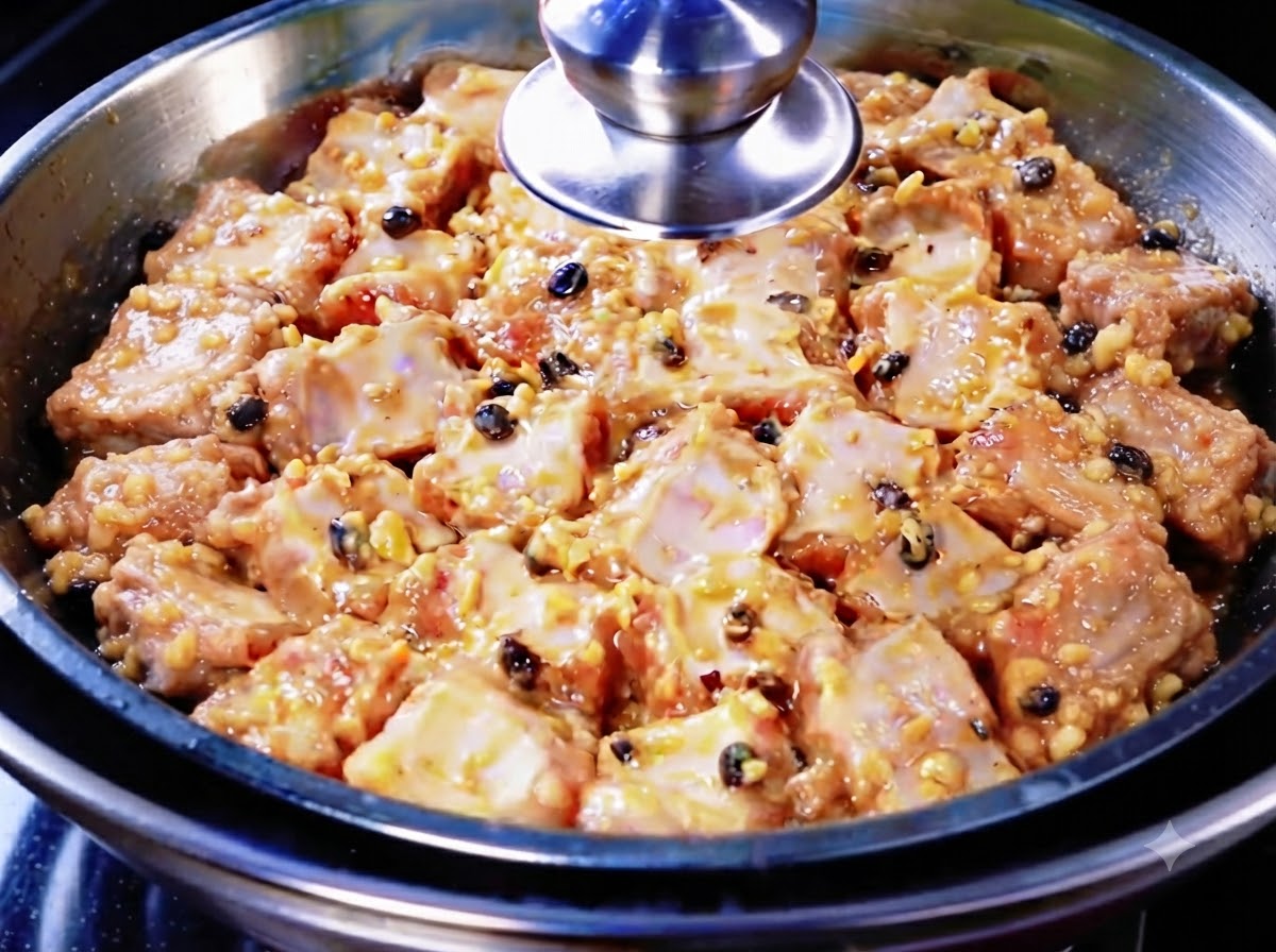 味付けしたスペアリブに、ニンニク、こしょう、豆鼓の香味油を注いでいる様子。
