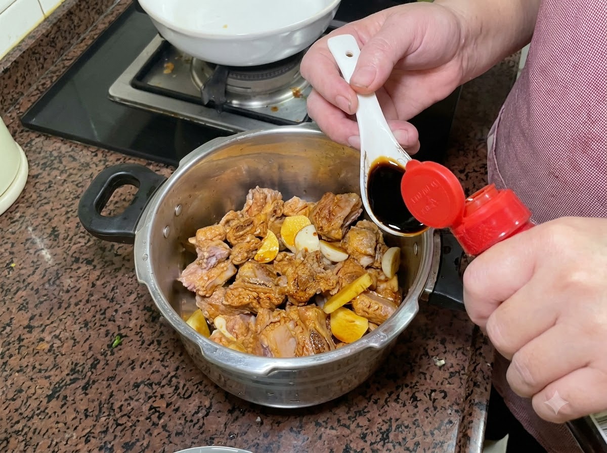 濃口醤油をすくった白いスプーンが、味付けされたリブの上で圧力鍋に入れられているところ。