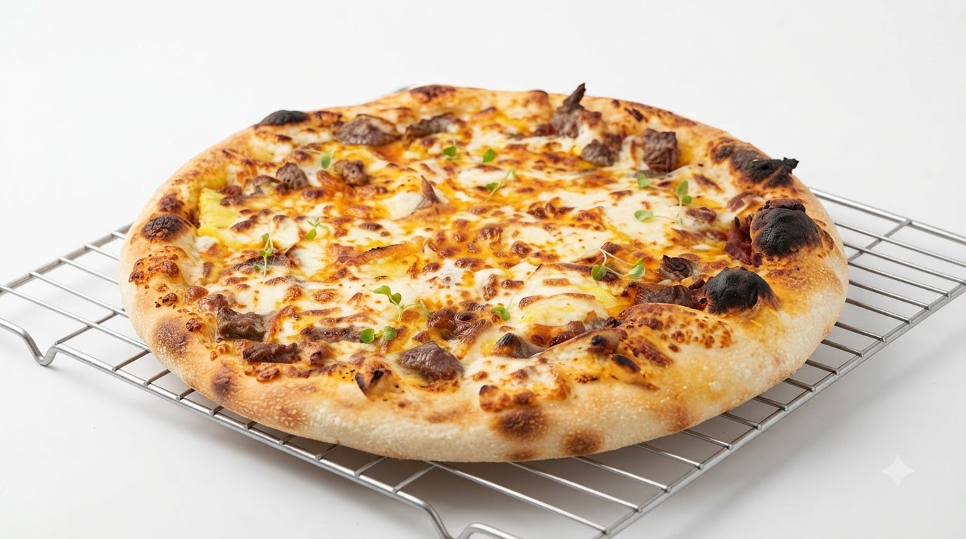 ワイヤーラックの上に置かれた、焼き色のついたクラストととろけるチーズが食欲をそそる薄皮パイナップルビーフピザ。