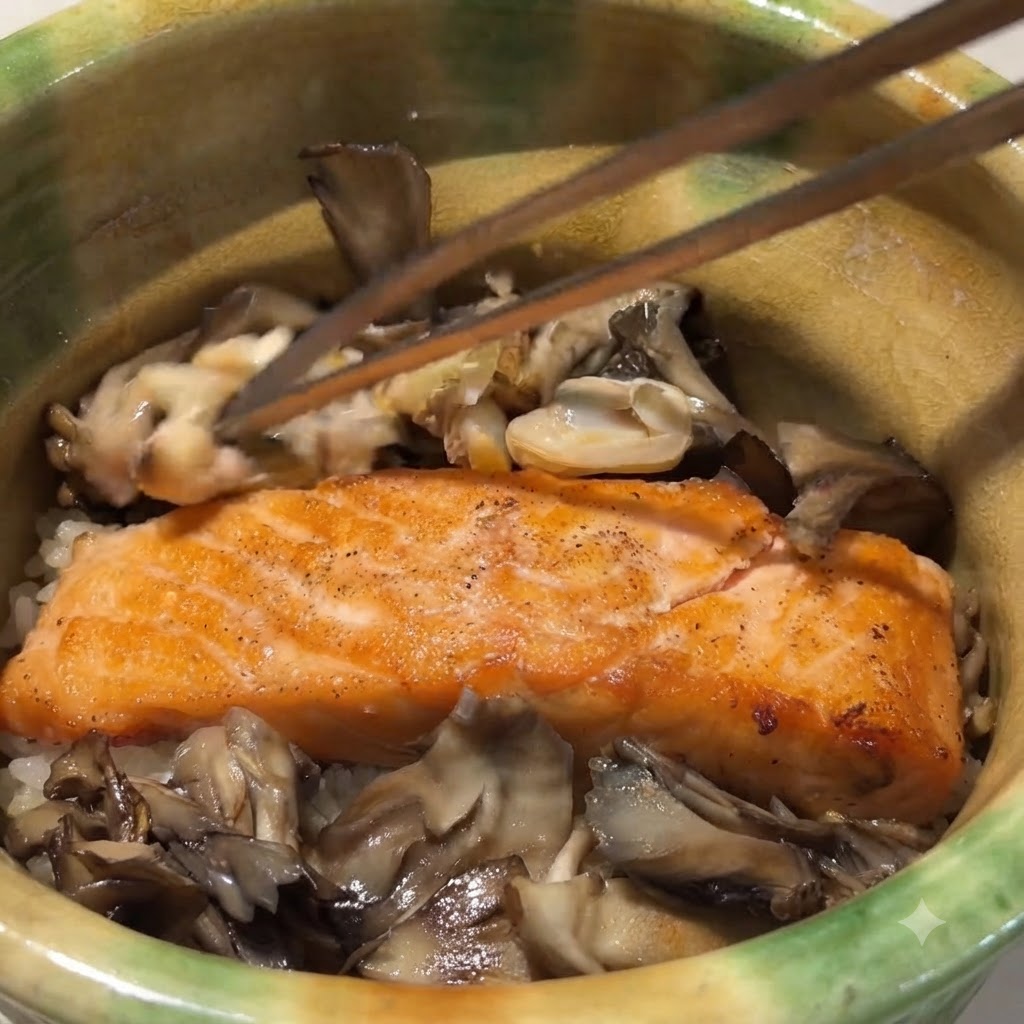 箸を使って、調理したアサリの身と緑色の新鮮な芽葱を料理の上に美しく重ねている様子。