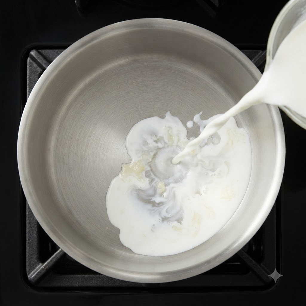 ガラスの計量カップから、バターと小麦粉のルーが入った鍋に牛乳と生クリームが注がれている様子。