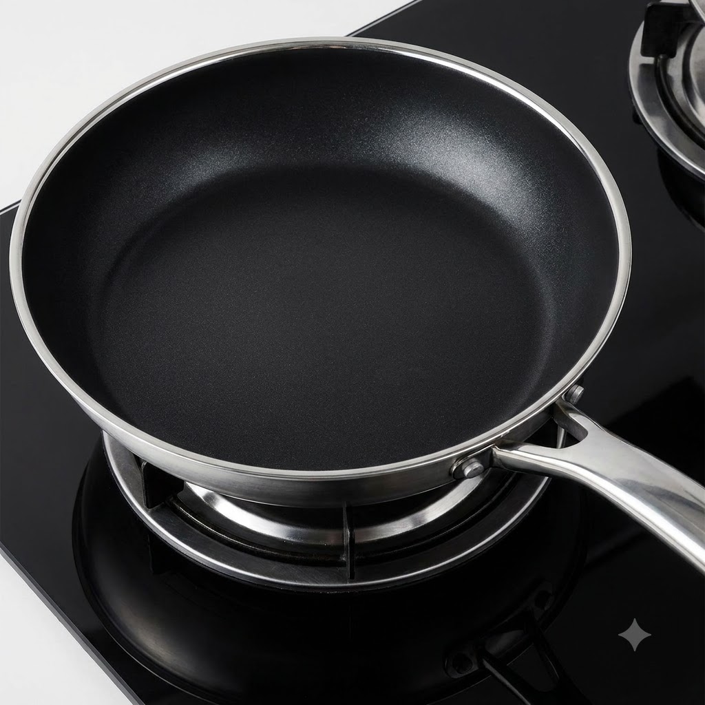 黒いノンスティック加工のフライパンの中で溶けていく小さな黄色のバターの塊。