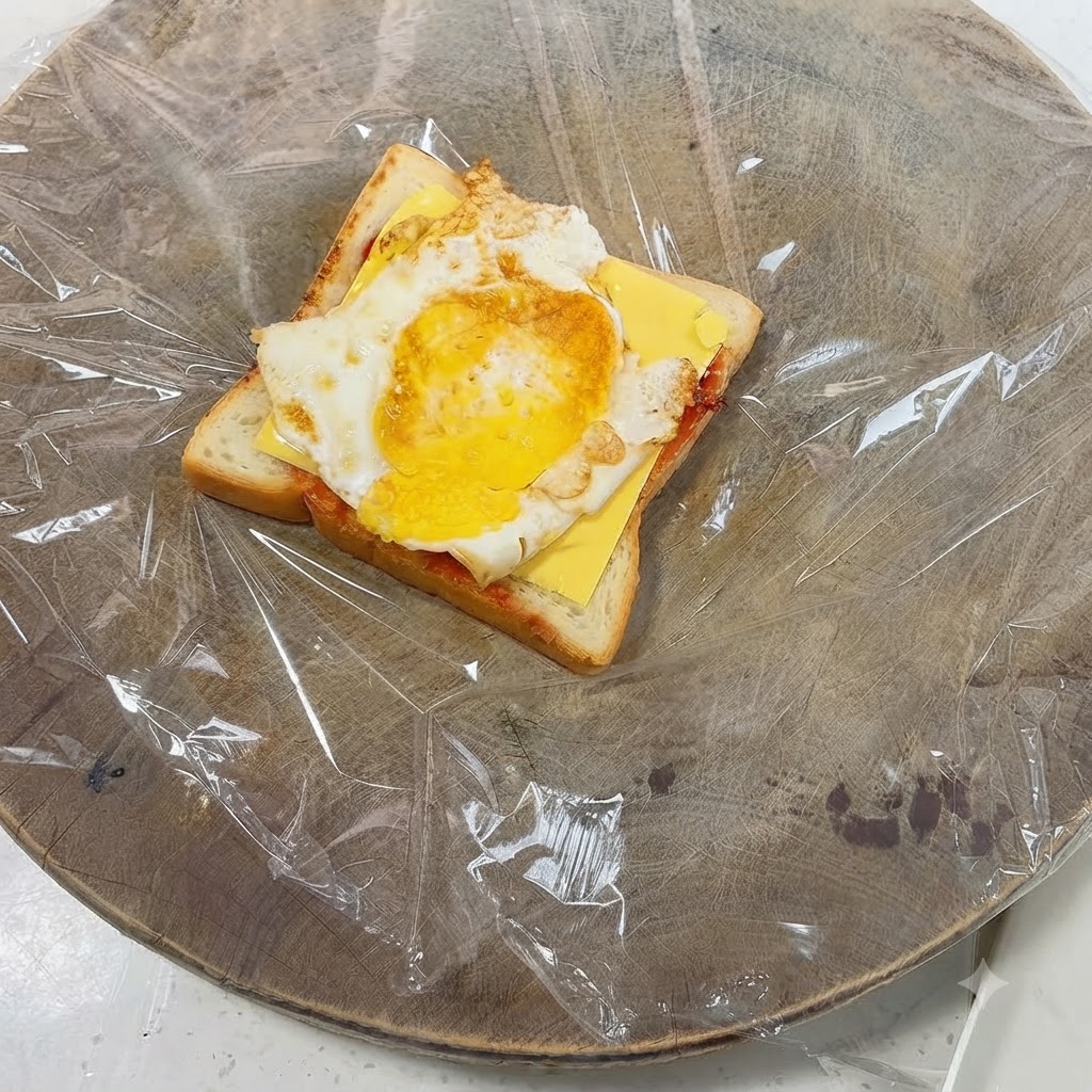 トースト上の黄色いスライスチーズの上に重ねられた目玉焼き。