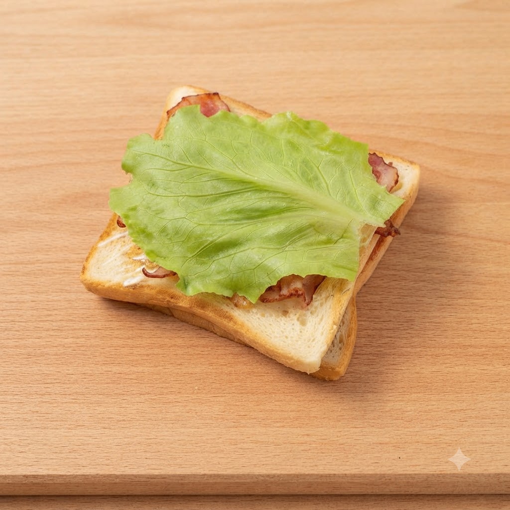 ベーコンの上に重ねられた新鮮な緑色のレタスの葉。