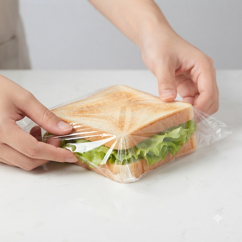 白い表面で組み立てられたサンドイッチの周りをプラスチックラップできっちり折り込んでいる手。