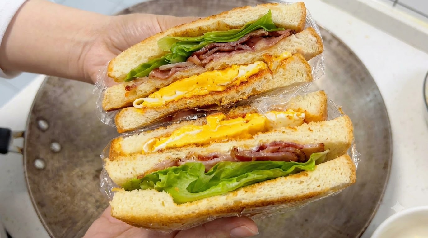 厚みのあるベーコン、エッグ、レタスのサンドイッチを半分にカットし、透明なラップで包んで重ねた断面の様子。