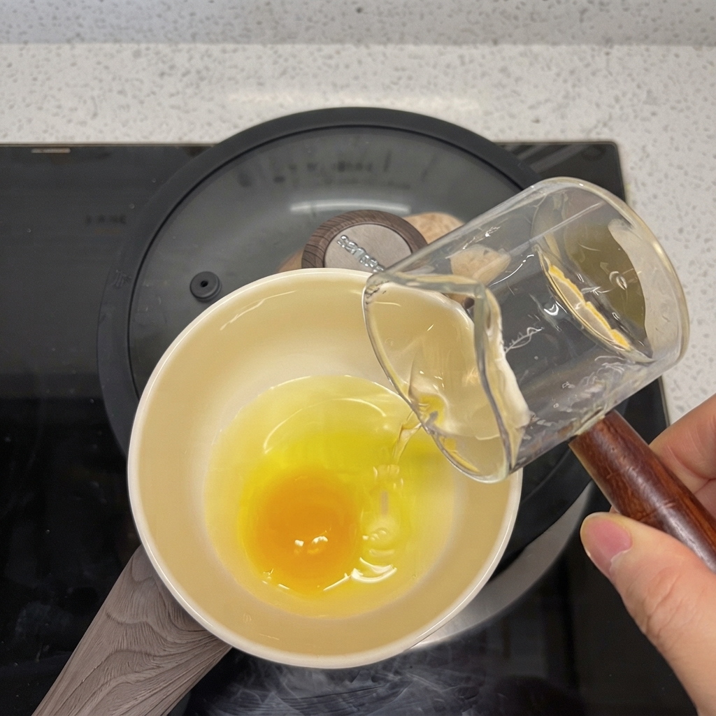 鮮やかな黄色の黄身が入った生の割り卵が入った陶器のボウルに、小さなガラスのピッチャーから液体が注がれている様子。