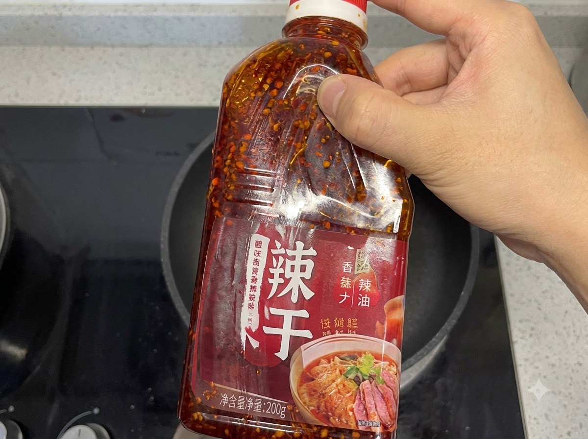 ラベルに漢字が書かれた市販のチリオイルのプラスチックボトルをフライパンの上にかざしている様子。