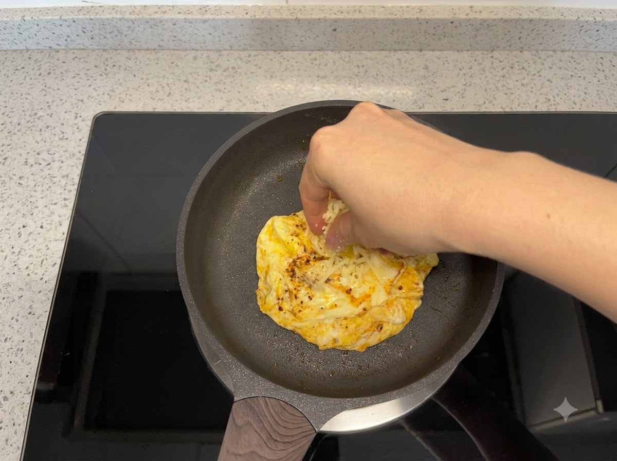 スキレットで調理中の卵の上にシュレッドチーズが振りかけられている様子。