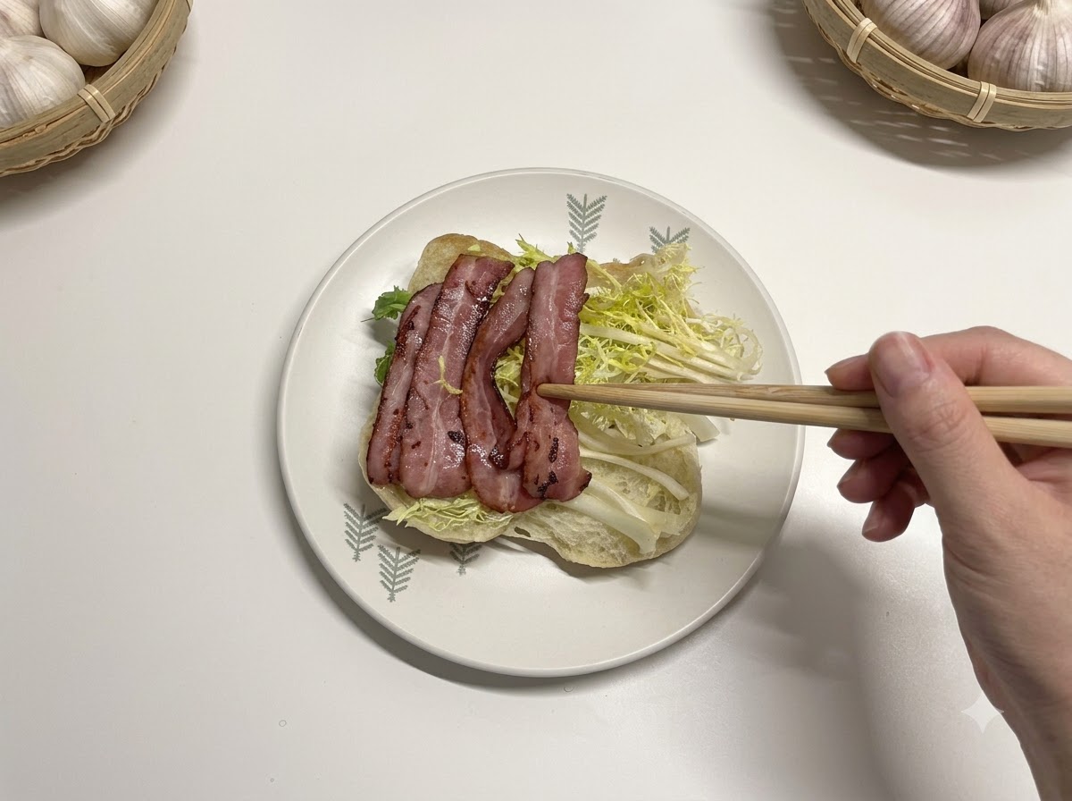 チャバタサンドの中に調理済みのベーコンと具材が収まっている様子。