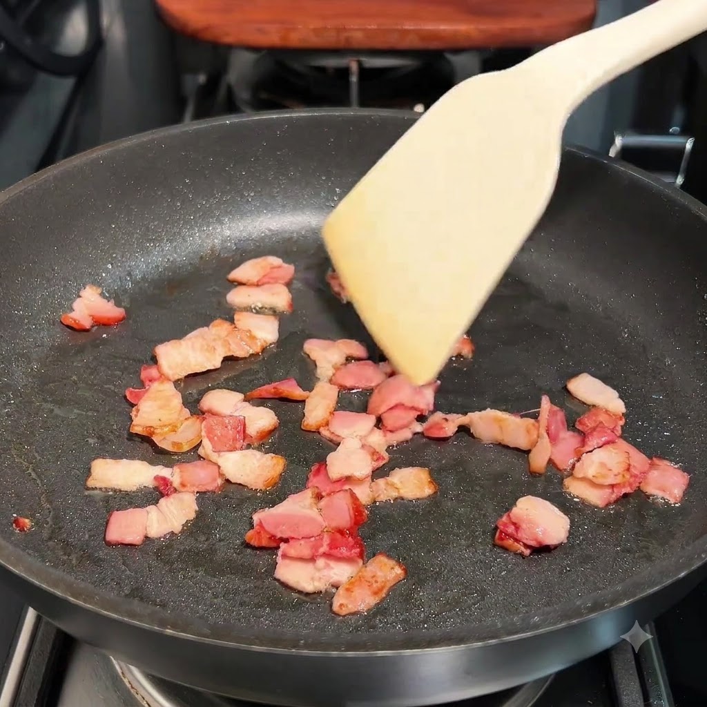 木べらを使って暗い色のフライパンで炒められている細切りのベーコン。