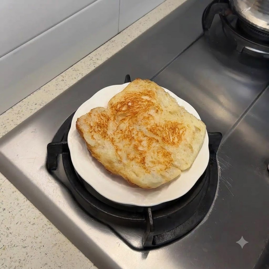 トーストしたチャバタのスライスのソースが塗られた表面に、シャキシャキした緑色のレタスの葉を直接乗せているところ。