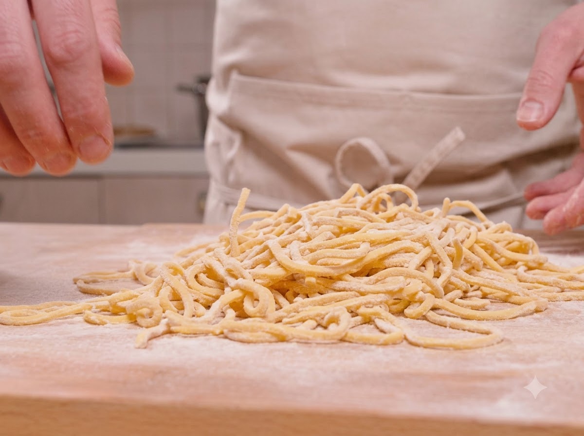 木製の表面に、新しく切り分けられた黄色いスパゲッティの麺が山積みにされている様子。