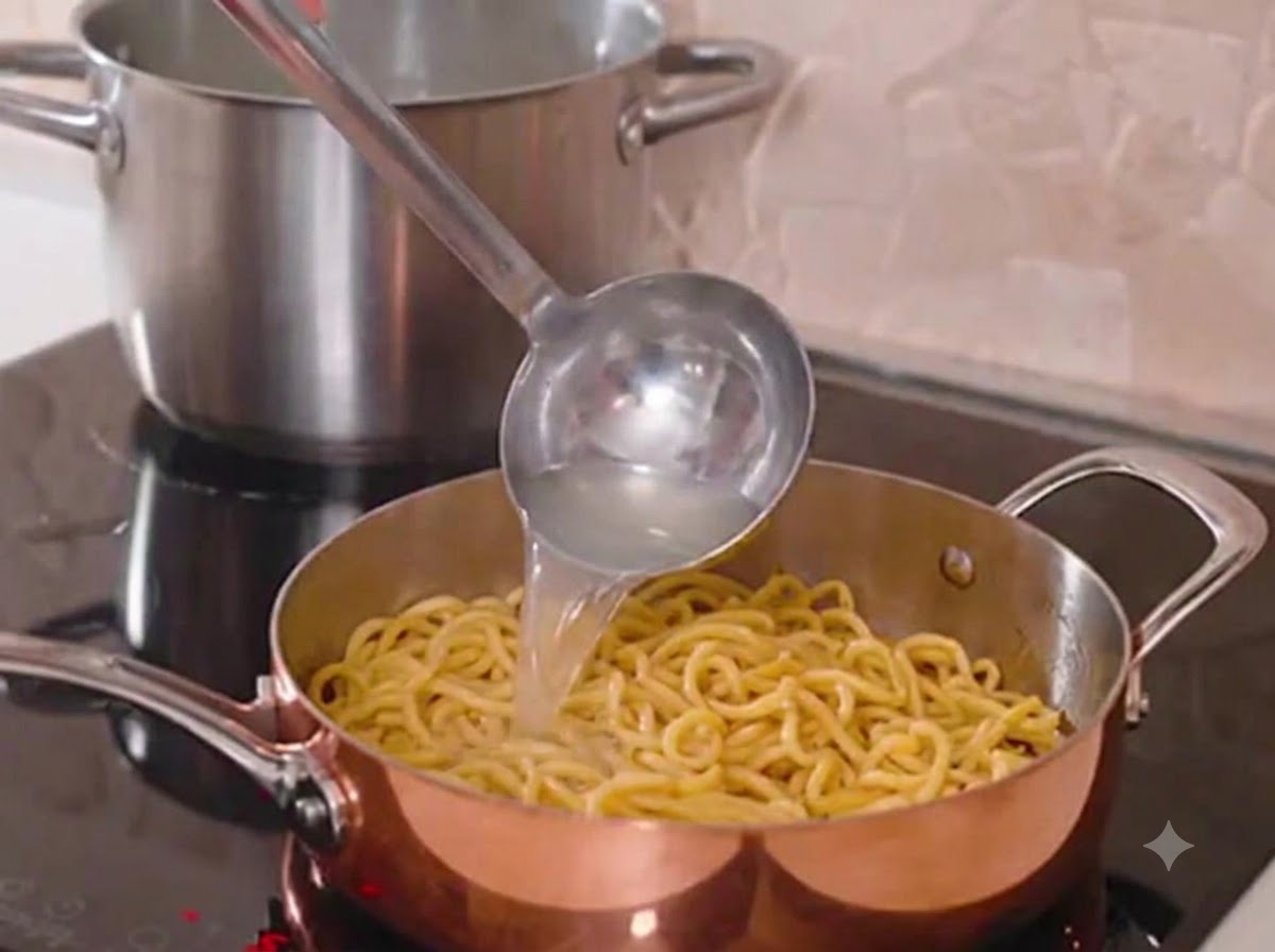 金属製のおたまを使って、茹で上がったスパゲッティが入った光沢のある銅製のフライパンに、デンプンを含んだ茹で汁を注いでいる様子。