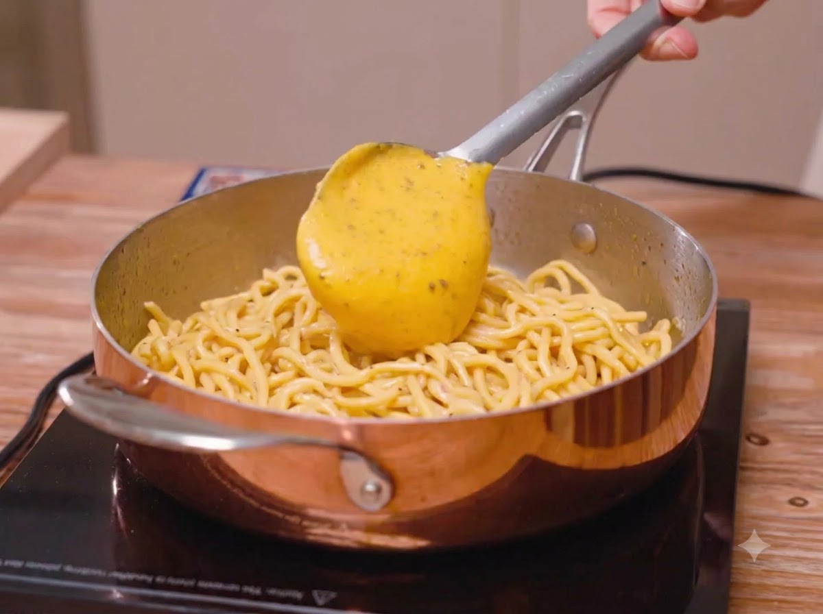 スパゲッティが入った銅製のフライパンに、ヘラを使って濃厚な黄色いチーズと卵のソースを移している様子。