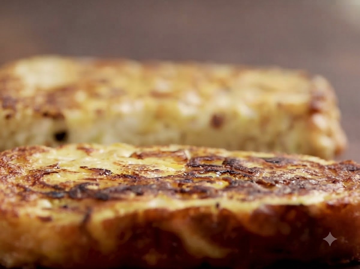きつね色に焼けたクーゲルのスライスに、マヨネーズがなめらかに塗られている様子。
