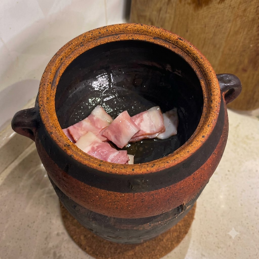 炭火の上の伝統的な土鍋の中で、油を引いて炒められているベーコンの小片。