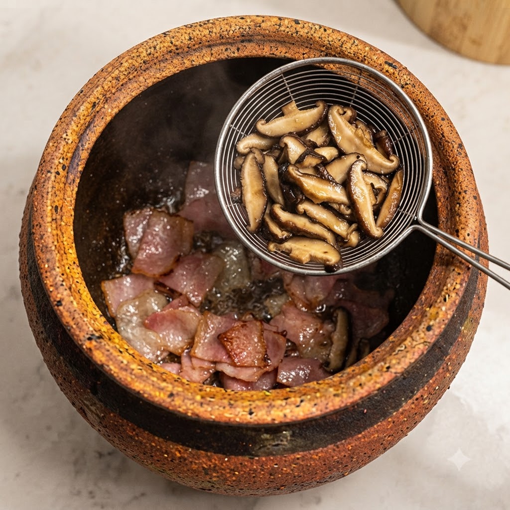 ストレーナーを使い、炒めたベーコンの入った土鍋に加えられるスライスした椎茸。