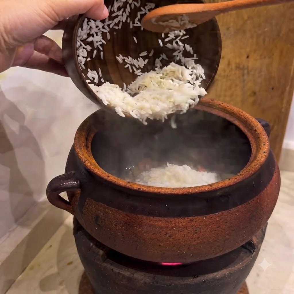 木のしゃもじを使い、木のボウルから熱した土鍋へ水に浸した米が注がれている様子。