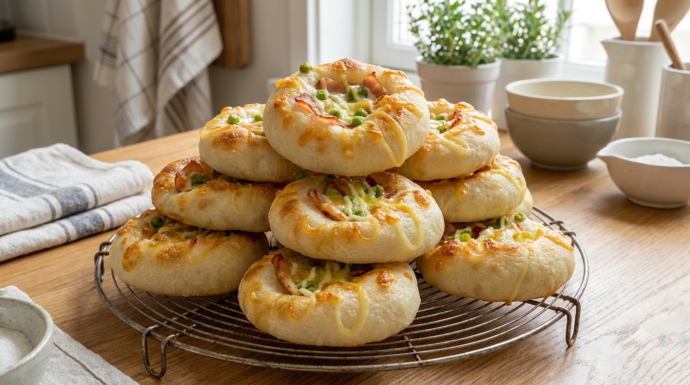 ワイヤー冷却ラックの上に積み上げられた、焼き立てのベーコンとグリーンピースのフォカッチャロール
