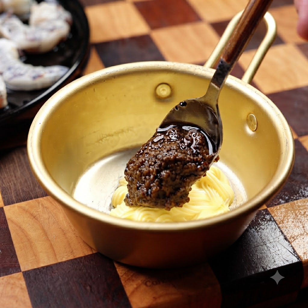 金属製のボウルに入ったマヨネーズに、スプーン一杯の黒トリュフソースをスプーンで混ぜ合わせている様子。