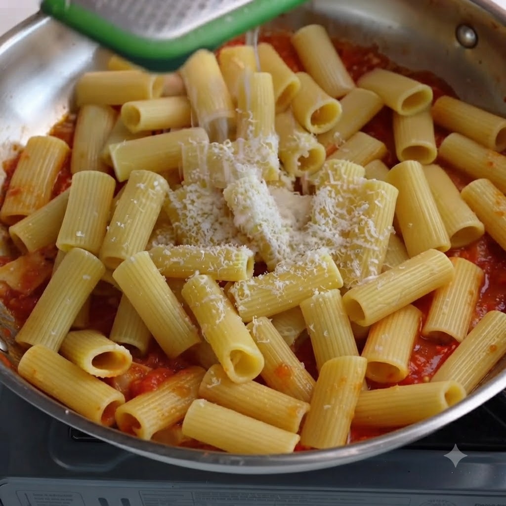 パスタと削ったチーズが入ったフライパンに、容器からお湯を注いでいる様子。