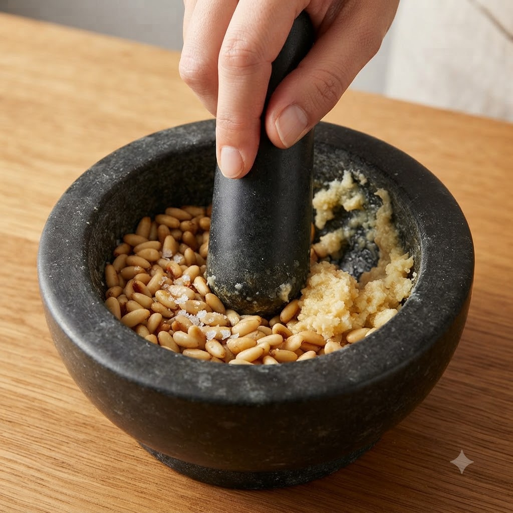 手がすりこぎ棒を持ち、石のすり鉢の中で材料をすり潰している様子。