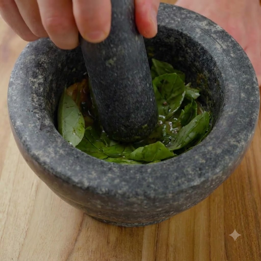 すりこぎ棒を使って、石のすり鉢の中で新鮮な緑のバジルの葉がすり潰されている様子。