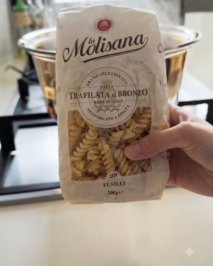 金属製の寸胴鍋の中で沸騰するお湯に、乾いたフジッリパスタの麺が投入されている様子。