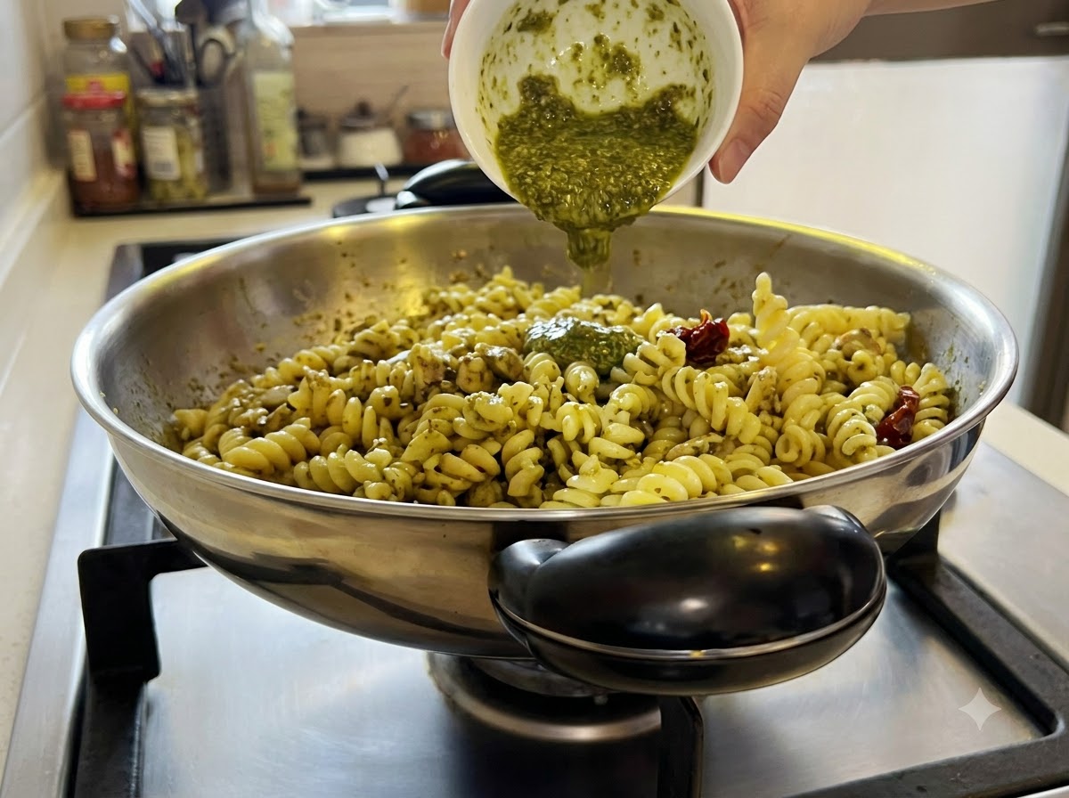 パスタとグリーンペーストの入った中華鍋にドライトマトが加えられ、混ぜ合わされている様子。