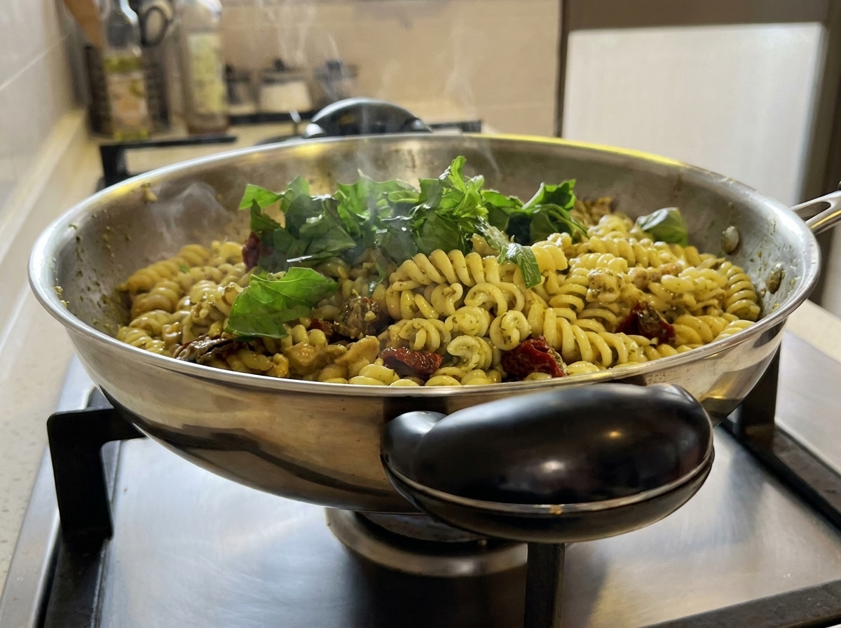 中華鍋の中の温かいパスタ料理に、新鮮な緑色のバジルが折り込まれている様子。