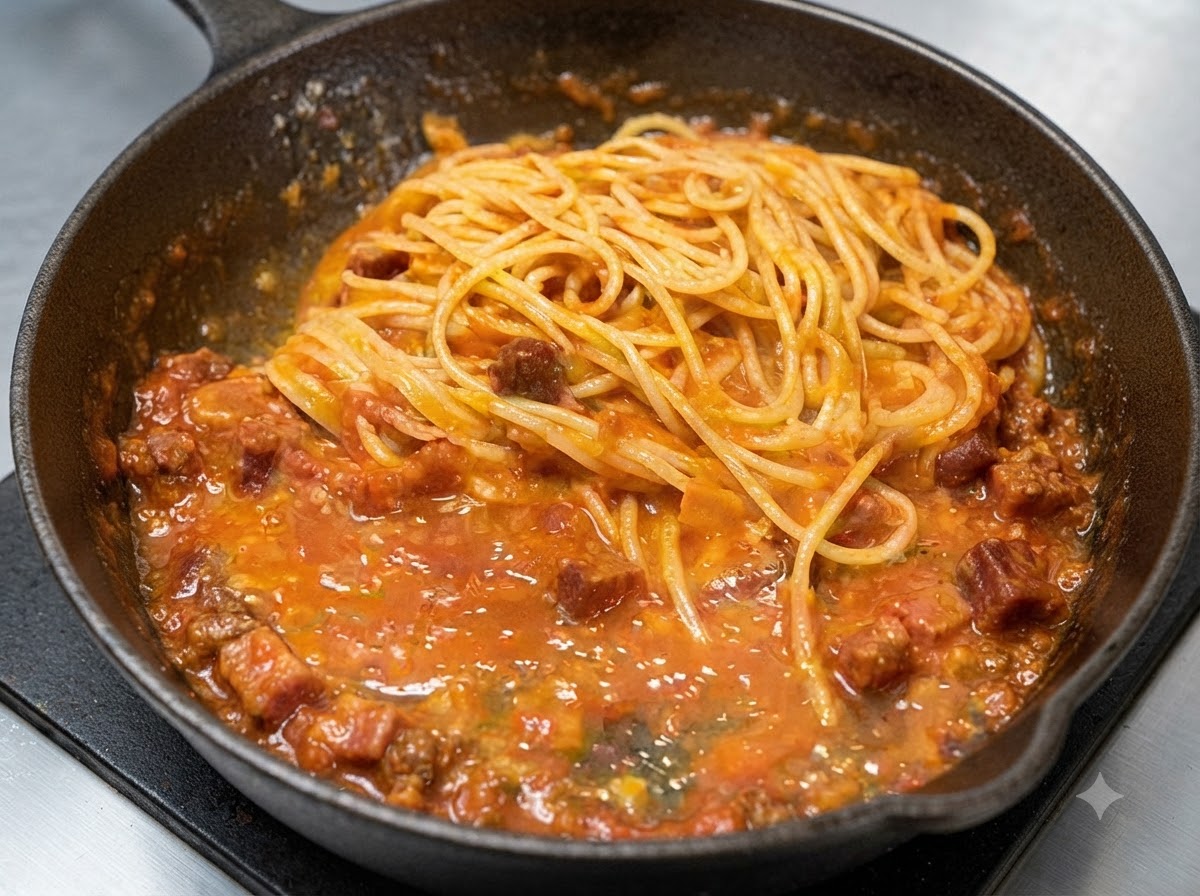 鋳鉄製のスキレットに入ったスパゲッティとソースを、塩と黒こしょうで味付けしている様子。