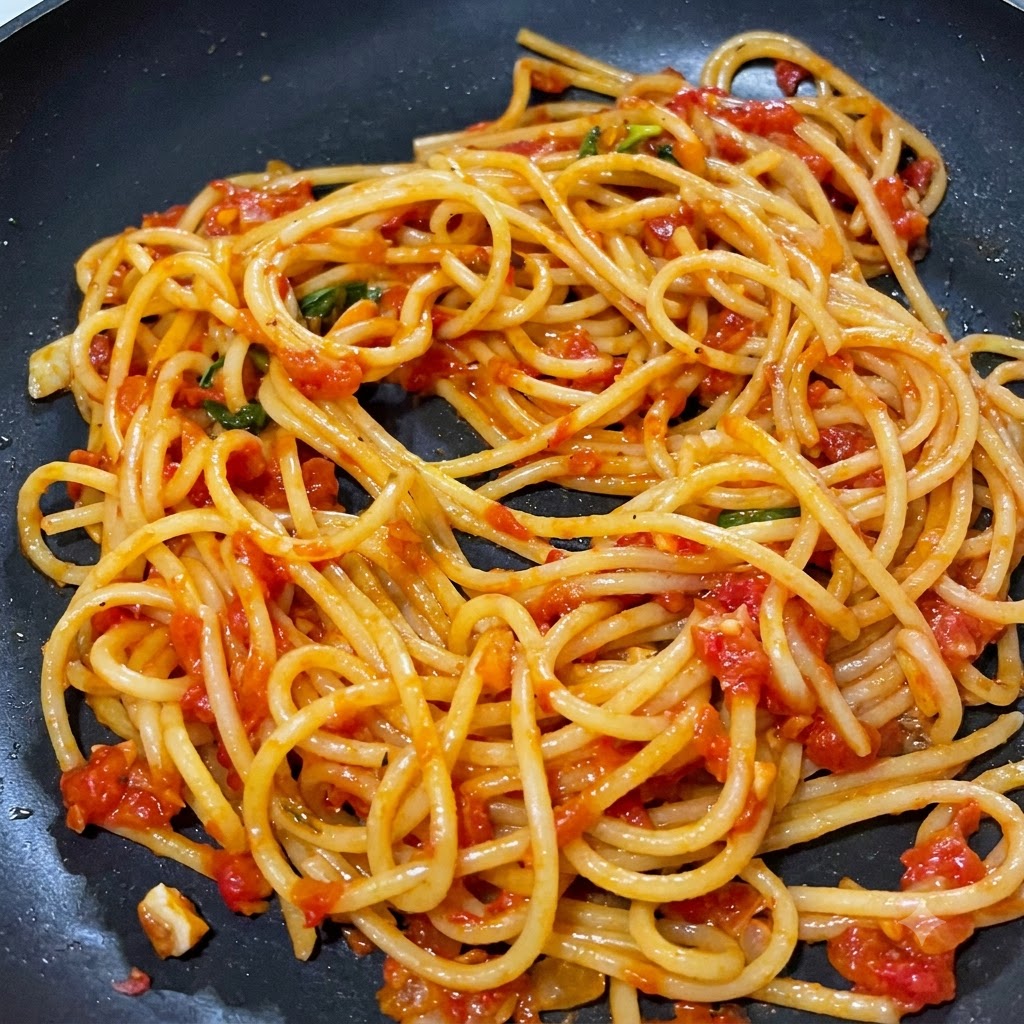 茹で上がったスパゲッティの麺が、スキレットの中で自家製トマトミートソースとしっかりと和えられ、絡められているところ。