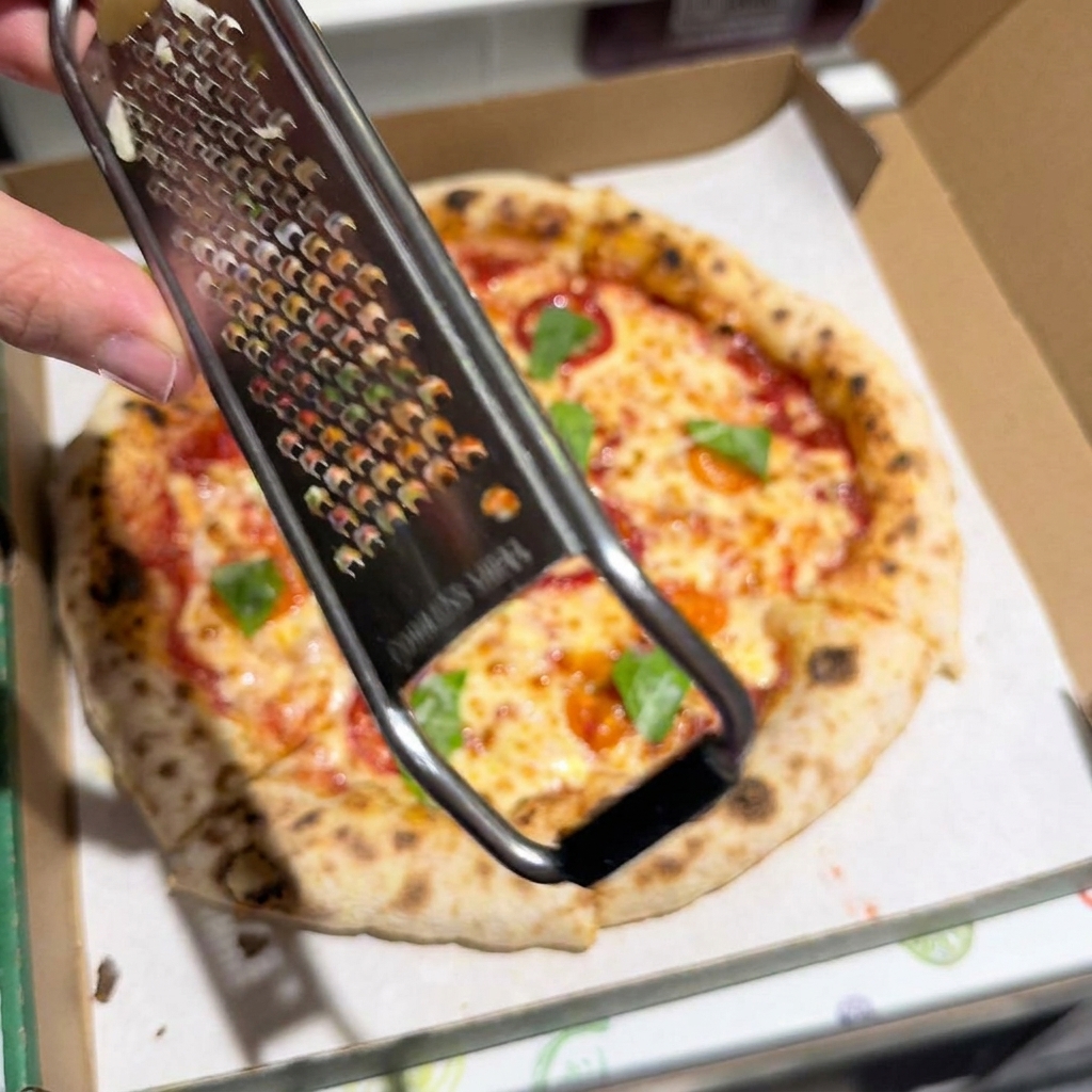 金属製のおろし金を持った手が、箱に入った焼き立てのピザの上にパルミジャーノ・レッジャーノチーズを削りかけている様子。