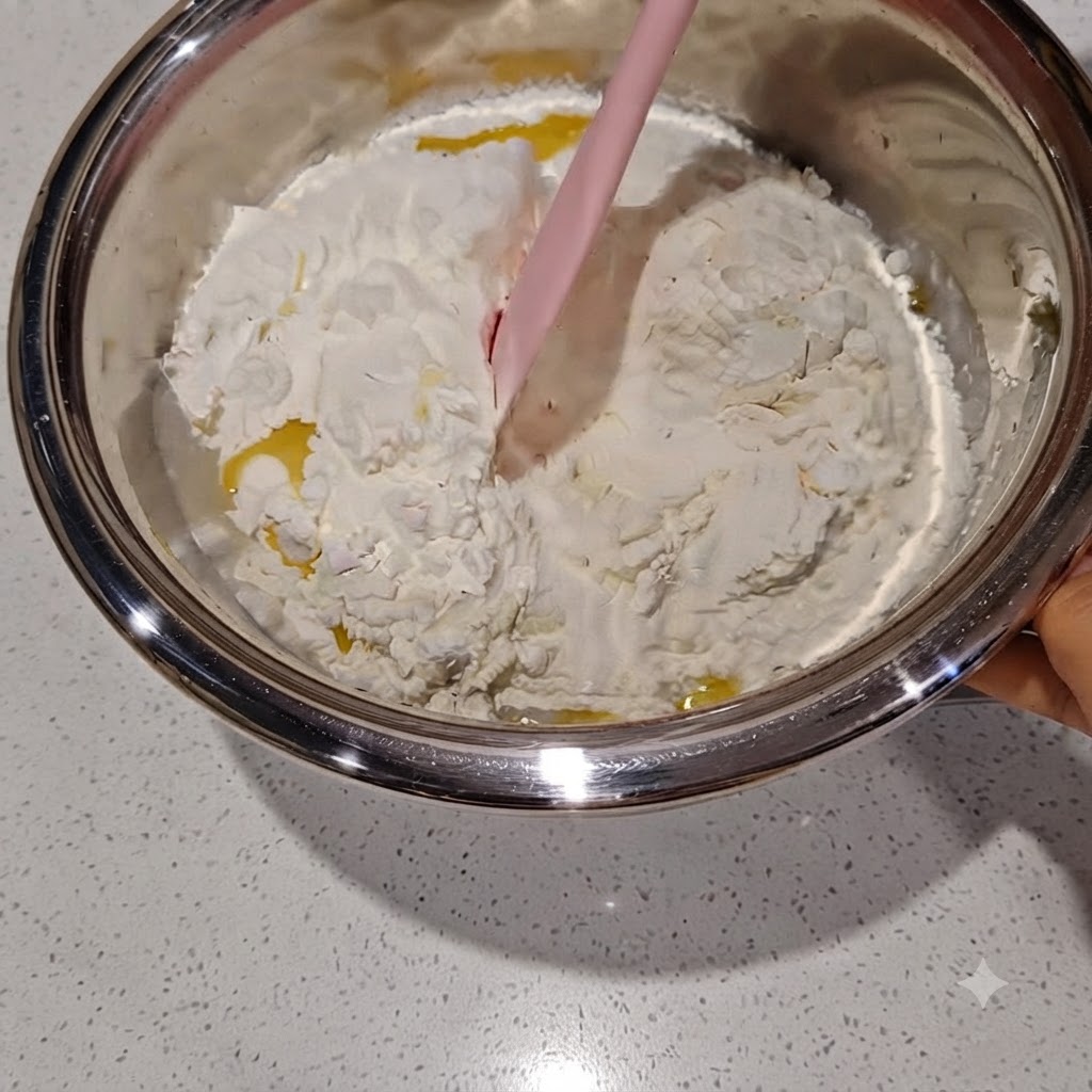 スパチュラを使って材料を混ぜ合わせ、ぼそぼそした状態の生地にしている様子。