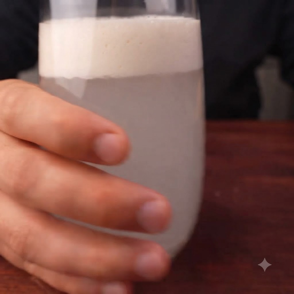 泡立った活性化済みのイースト液を、白い小麦粉が入ったボウルに注いでいる様子。