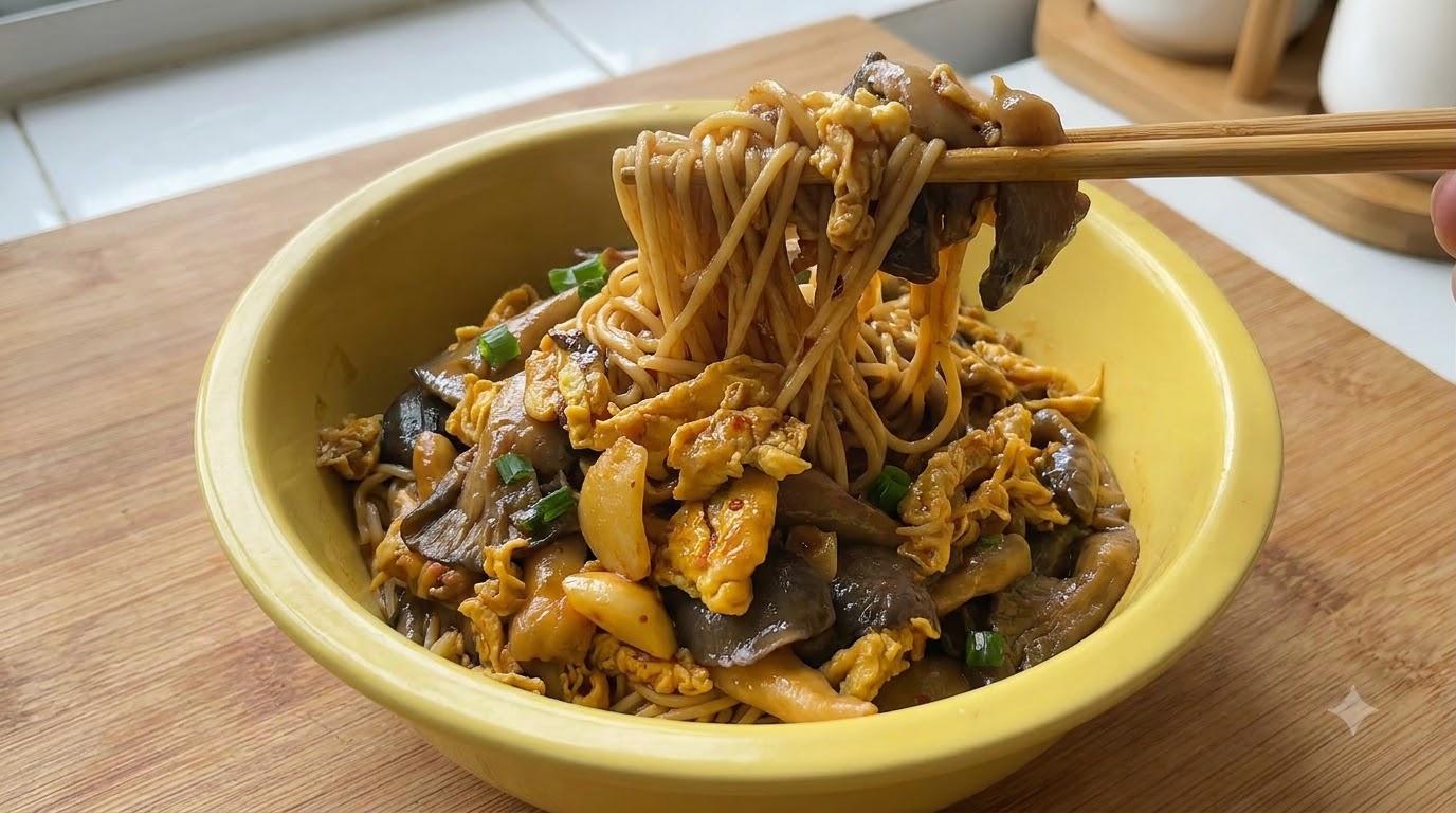 箸で持ち上げられた、旨味たっぷりのエリンギと卵の混ぜ麺が入った黄色の器