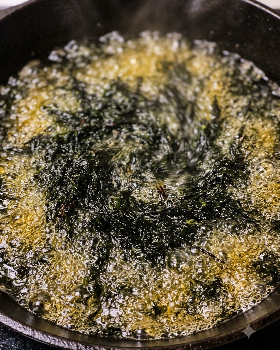 フライパンの中で調味料や香味野菜が油で泡立ちながら炒められているクローズアップ画像。