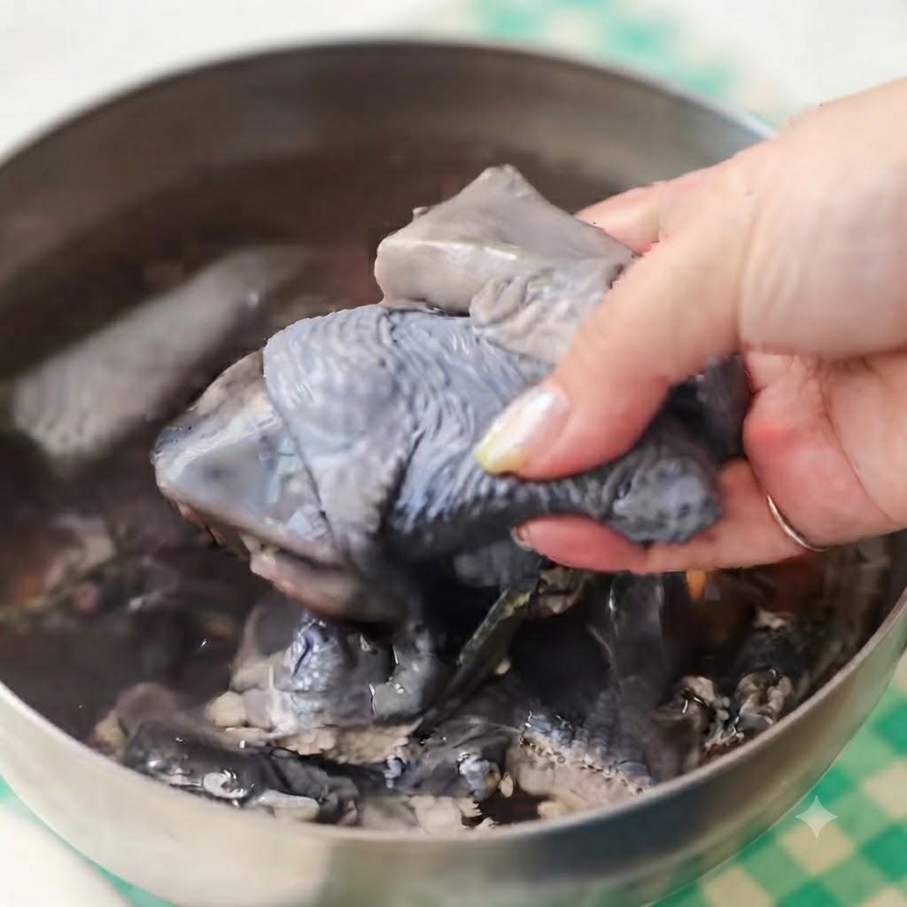 金属製のボウルで水切りされている生の黒皮鶏肉の切り身。