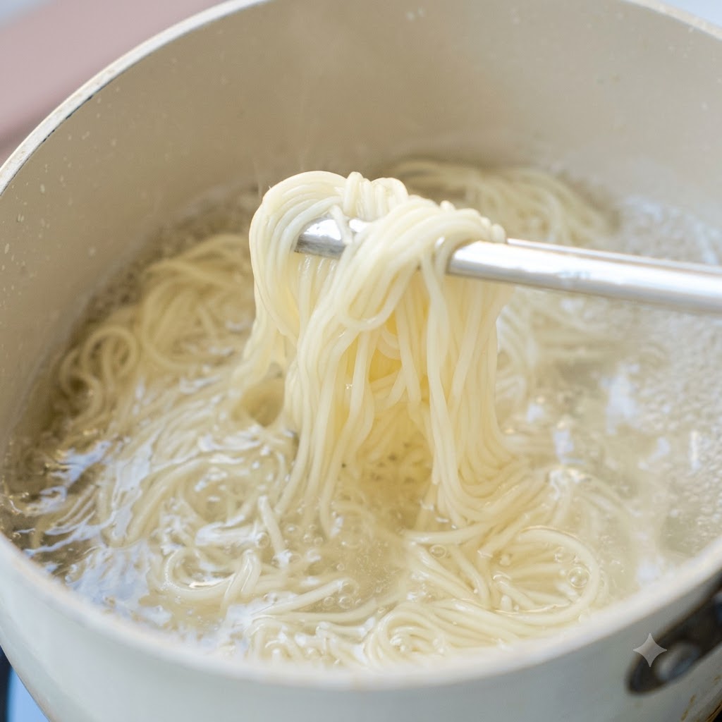 明るい色の鍋の中の沸騰したお湯で茹でられ、かき混ぜられている麺。