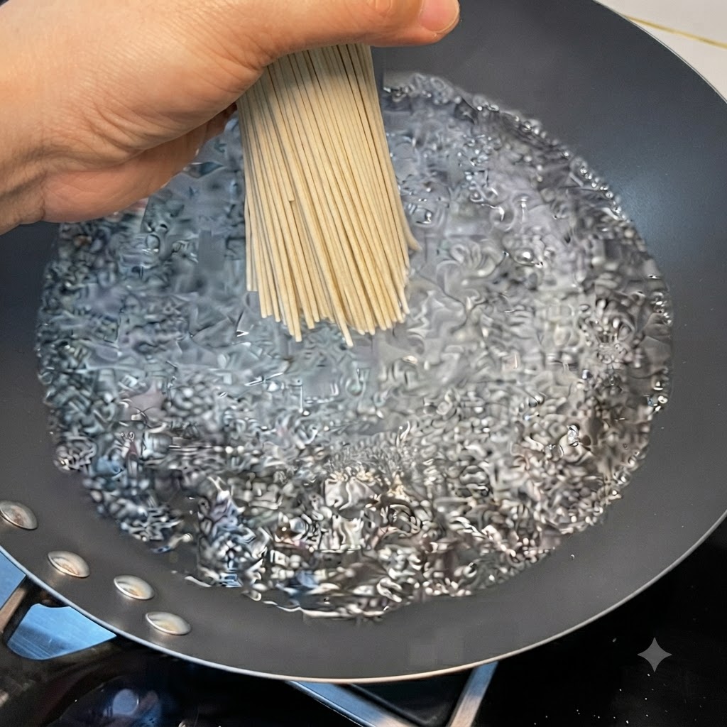 沸騰した別の中華鍋の湯の中に、乾麺の束を沈めている様子
