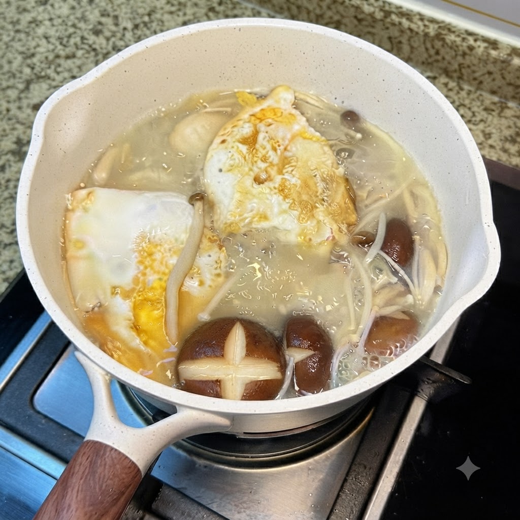 白いセラミック製の鍋の中で、キノコと目玉焼きの入った沸騰するスープに小さなスプーンで塩を加えている様子