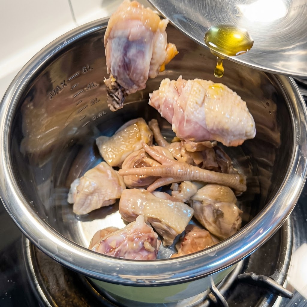 金属製の調理鍋に移し替えられる、軽く炒めた鶏肉。