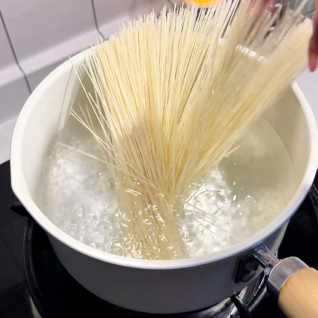 沸騰したお湯の入った鍋に入れられる白い麺の束。