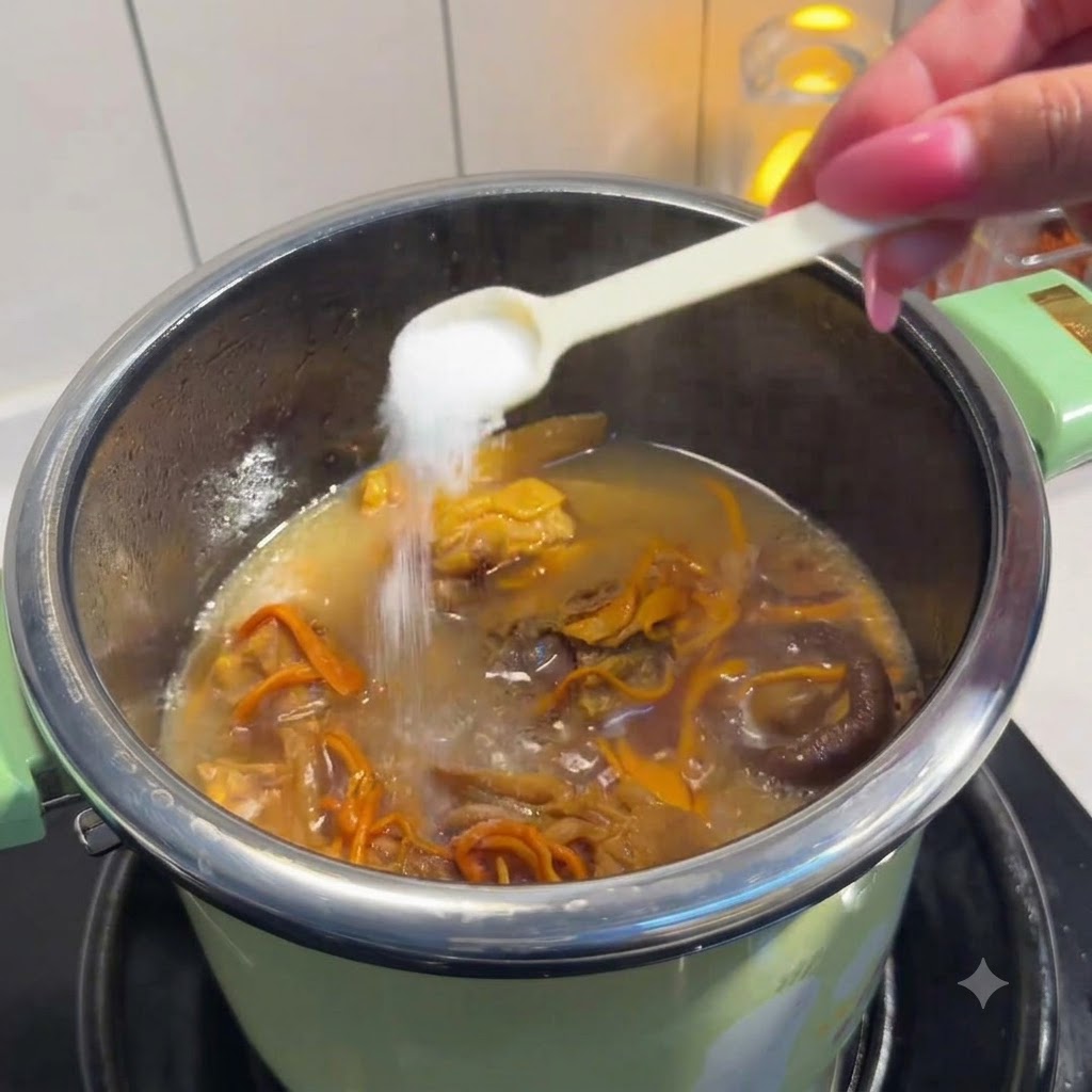 煮込んでいるチキンとキノコのスープに、白い小さなスプーンで塩を加える様子。