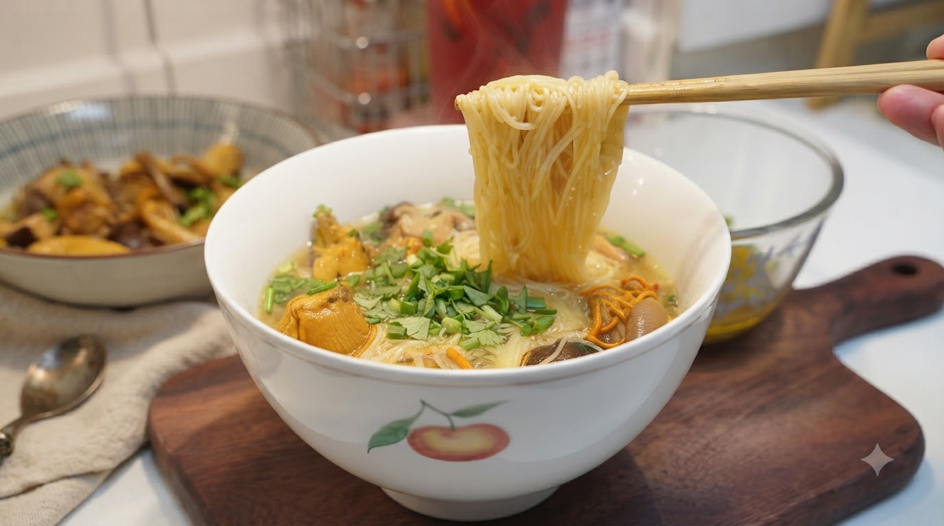 きのこ香る鶏肉の土鍋スープ麺