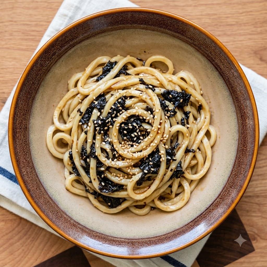 海苔とごまの上に、茹でた麺がきれいに盛り付けられたボウル